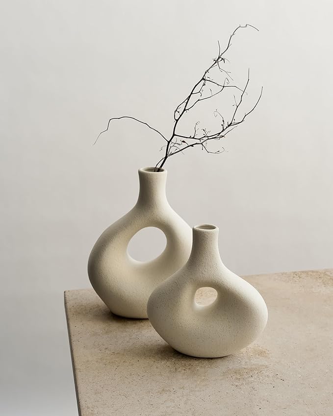 NOBULA White Ceramic Donut Vases – Modern Home Decor for Living Room, Bedroom & Table Centerpiece - Minimalist Nordic – Unique Vases for Olive Plant & Flowers – Decorative Coffee Table Vase Set of 2-VerdiqueGarden