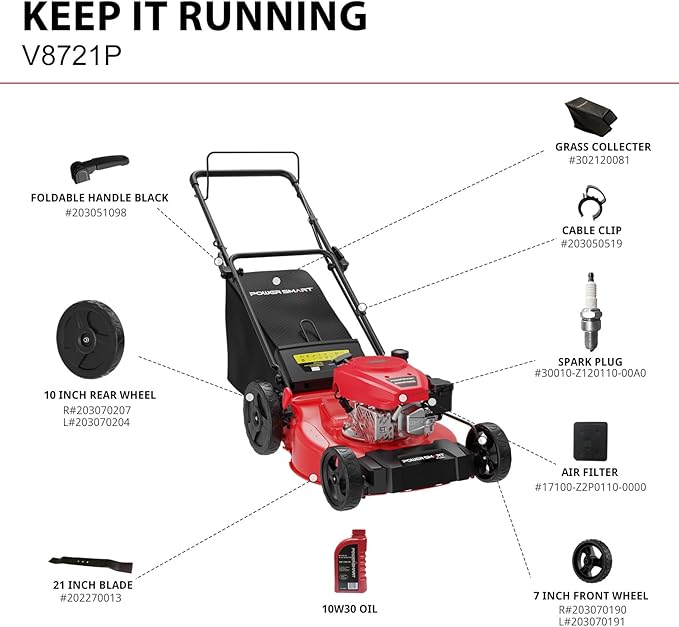 PowerSmart 21-inch Gas Push Lawn Mower, 144cc 4-Stroke Engine with Easy Adjustable Cutting Height, High Wheels, 2-in-1 with Mulch, Bag-VerdiqueGarden