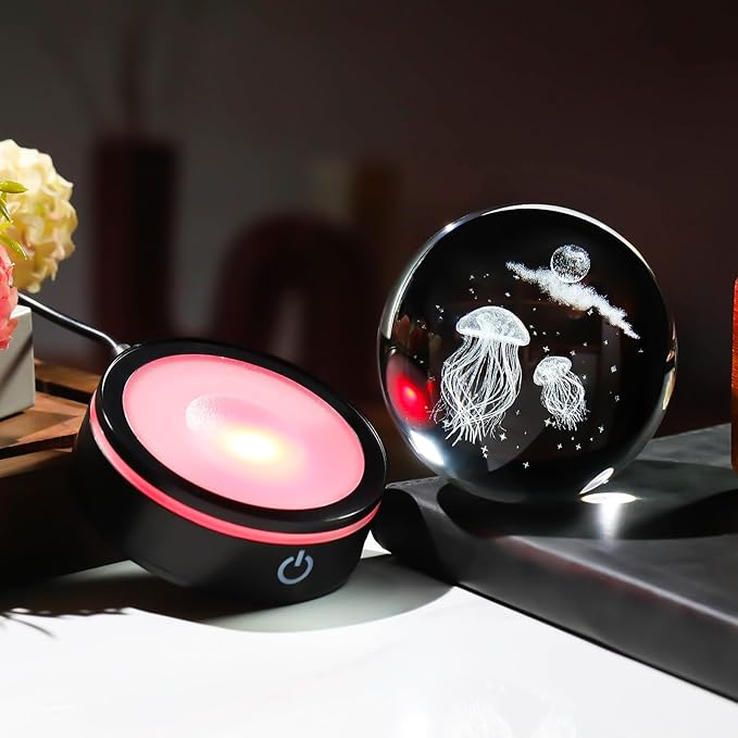 YWHL 3D Crystal Ball Moon Jellyfish Figurine with Colorful LED Base Laser Jellyfish Gifts for Women Men on Christmas Birthday Glass Jellyfish Statue Decorative Ball Night Light for Home Decor (80mm)-VerdiqueGarden