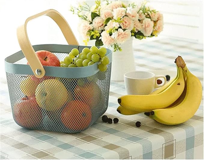 Metal Mesh Steel Basket, Storage Organizer Basket Multi-functional Hanging Kitchen Baskets Fruit Basket Bin with Bamboo Handle for Kitchen Bathroom Picnic Shopping Decor Cabinet Home, Blue-VerdiqueGarden
