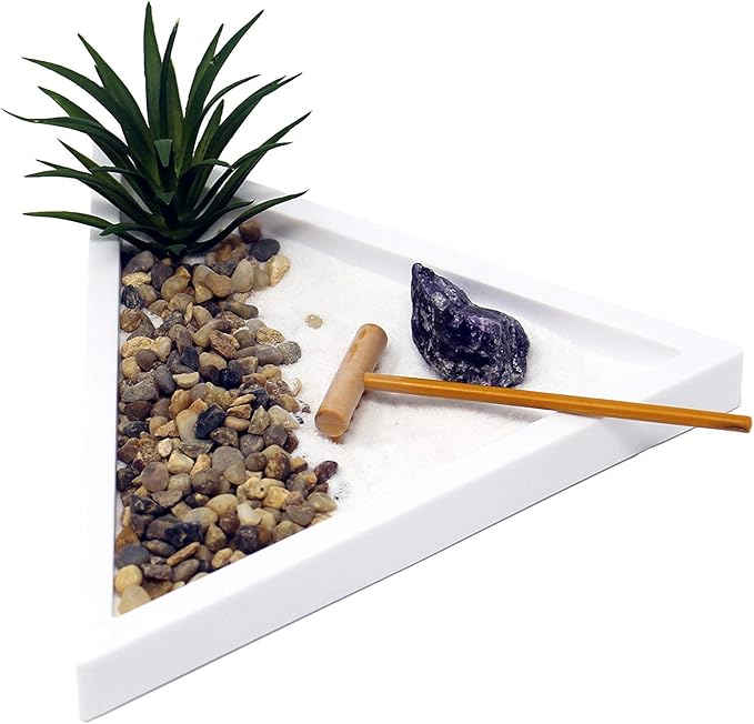 Nature's Mark Mini Zen Garden Kit for Desk with White Sand, Rake, White Base, Salt Rock and Air Plant (Triangle)-VerdiqueGarden