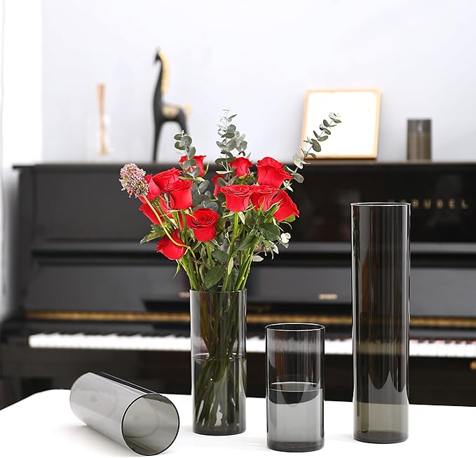 Flower Vase, Non-breakable Vases, 4" W x 16" H, Acrylic Grey Vase, Aesthetic Room Decor Cylindrical Modern Flower Vases for Table Centerpiece, Home Decor, Women Floral Arrangement Gift-VerdiqueGarden