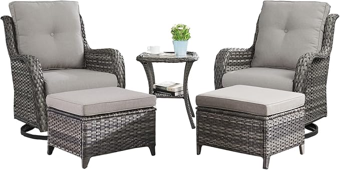 Outdoor Wicker Patio Furniture Set - 5 Pieces Rattan Patio Conversation Set with 2 Rocking Swivel Chairs,2 Ottomans and 1 Side Table for Porch Deck Backyard Garden(Mixed Grey/Grey)-VerdiqueGarden