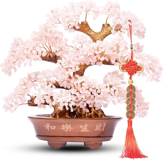 Natural Rose Quartz Tree Large,14" Chakra Crystal Tree(1,251 Gemstone Count) w/Lucky Coins Chain Healing Properties - Bonsai Feng Shui Money Tree for Love Self Care Home Office Decoration-VerdiqueGarden