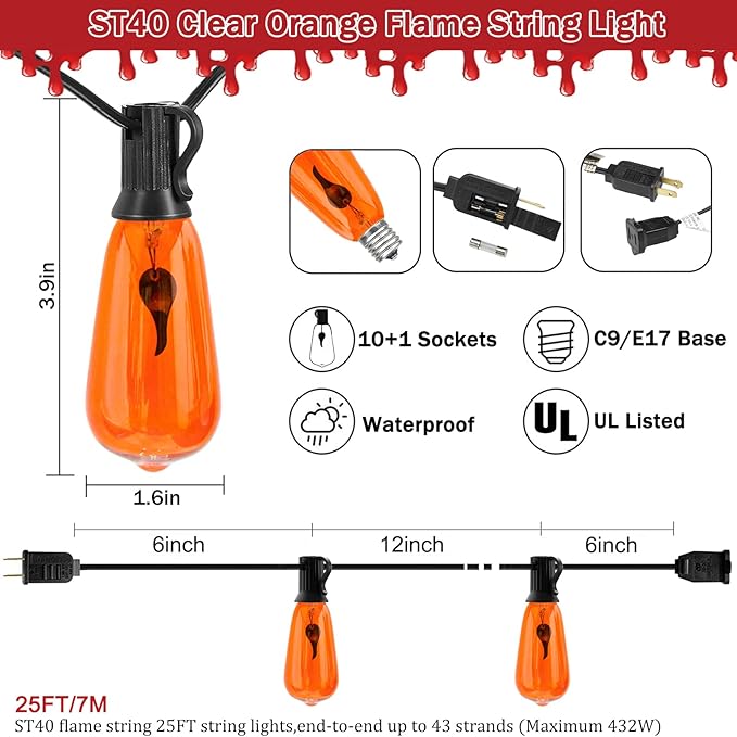 10Ft Halloween Orange Flicker Flame String Lights, ST40 Halloween Decorative String Lights Outdoor with Realistic Orange Red Flame, Hanging Halloween Orange Lights for Christmas Party Patio Decor-VerdiqueGarden