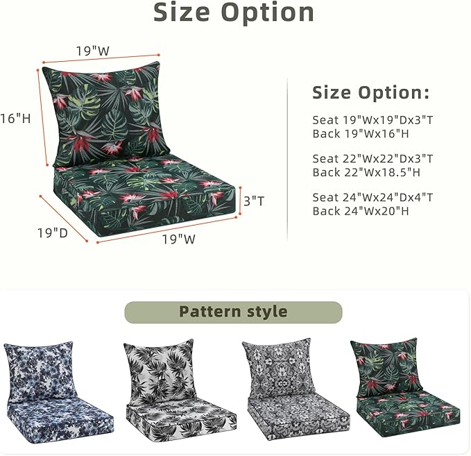 Favoyard Outdoor Seat Cushion 19 x 19 x 3 in Waterproof Pattern Fade Resistant Cover Removable Patio Furniture Cushions Deep Seat & Back Cushion Set with Adjustable Straps for Patio Chair Sofa Couch-VerdiqueGarden