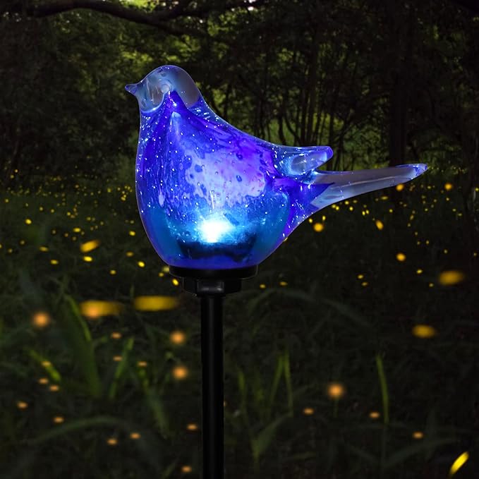Afirst Solar Bluebird Garden Stake Lights - Hand Blown Glass Decorative Garden Pathway Lights Outdoor Waterproof Bird Glass Stakes-VerdiqueGarden