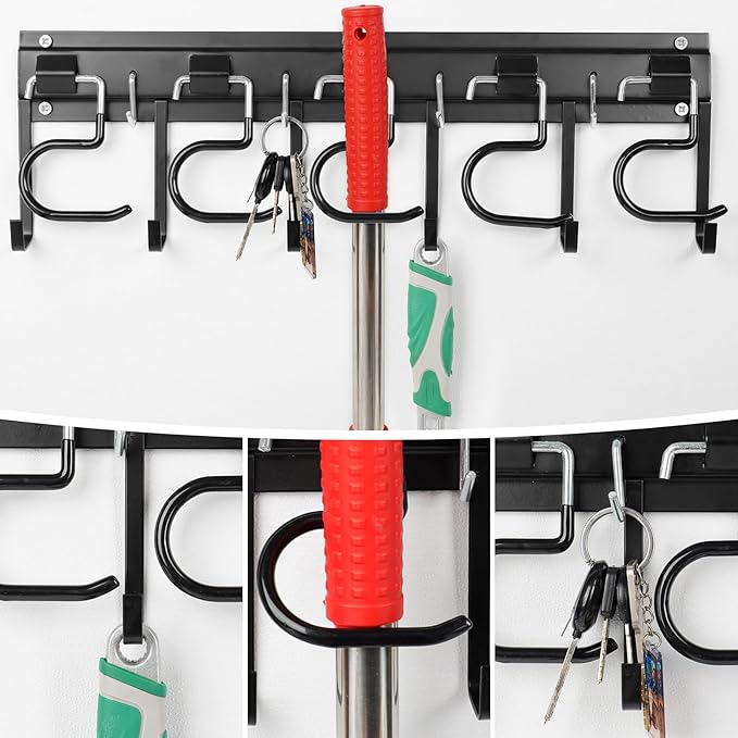 LEYU Metal Garage Tool Organizer Wall Mount, 2 Pack Garden Tool Organizer With Extension Cord Straps, Garage Organization Hooks and Hangers for Shed, Yard Storage, Wall Holder for Hanging Broom Mop-VerdiqueGarden