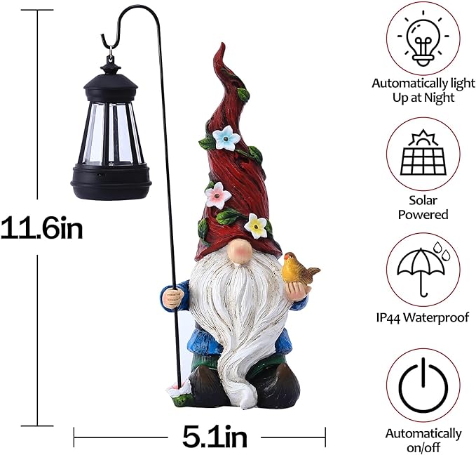Garden Gnomes Outdoor Statue with Solar Lights,Solar Gnomes Decorations for Yard Outdoor gnome Decorations for Garden, Patio Gnome Gifts for Mom-VerdiqueGarden