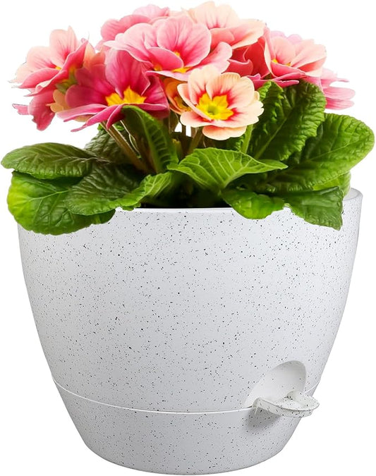 12 inch Large Self Watering Pots for Indoor Outdoor Plants, Plant Pots with Mesh Drainage Holes for Garden House Plants, Plastic Planters with Reservoir for Flower, Speckled White-VerdiqueGarden