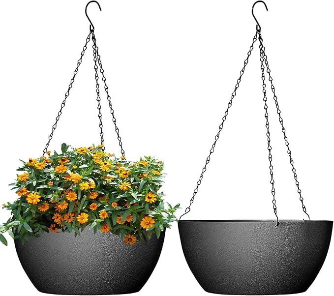10 inch Hanging Planters for Outdoor Indoor Plants with Drainage Holes and Chain, 2 Pack Round Hanging Flower Pots for Garden Home Porch Decor, Black-VerdiqueGarden