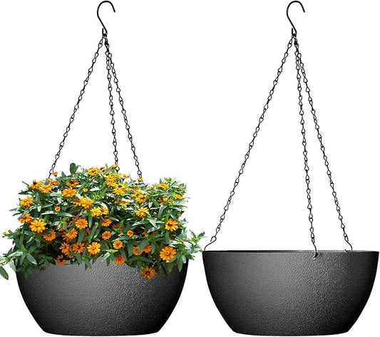 10 inch Hanging Planters for Outdoor Indoor Plants with Drainage Holes and Chain, 2 Pack Round Hanging Flower Pots for Garden Home Porch Decor, Black-VerdiqueGarden