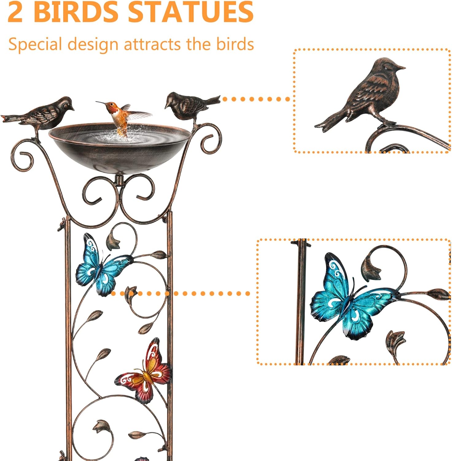 SUNNYPARK Bird Bath with Trellis Outdoor, Antique Garden Iron Trellis with Decorative Butterflies Detachable Bird Bowl Metal Potted Plants Support for Climbing Flowers-VerdiqueGarden