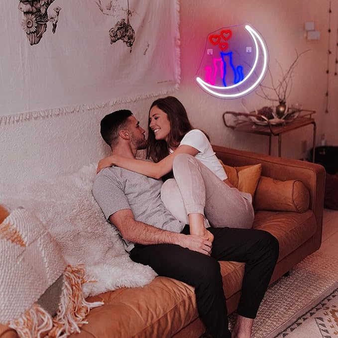 Two Cats on Moon Neon Sign,Cute Couple Kittys Neon Lights for Wall Decor,Kawaii Animal 3D LED Neon,USB Light Up Signs for Girls Bedroom Bar Home Party Valentine's Day Cat Lovers Weddings-VerdiqueGarden