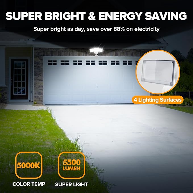 UME 49W 5500LM LED Security Lights Motion Sensor Light Outdoor, 5000K Daylight, IP65 Waterproof, Dusk to Dawn, 3 Head Motion Detected Flood Light for Garage, Yard, Porch(White)-VerdiqueGarden