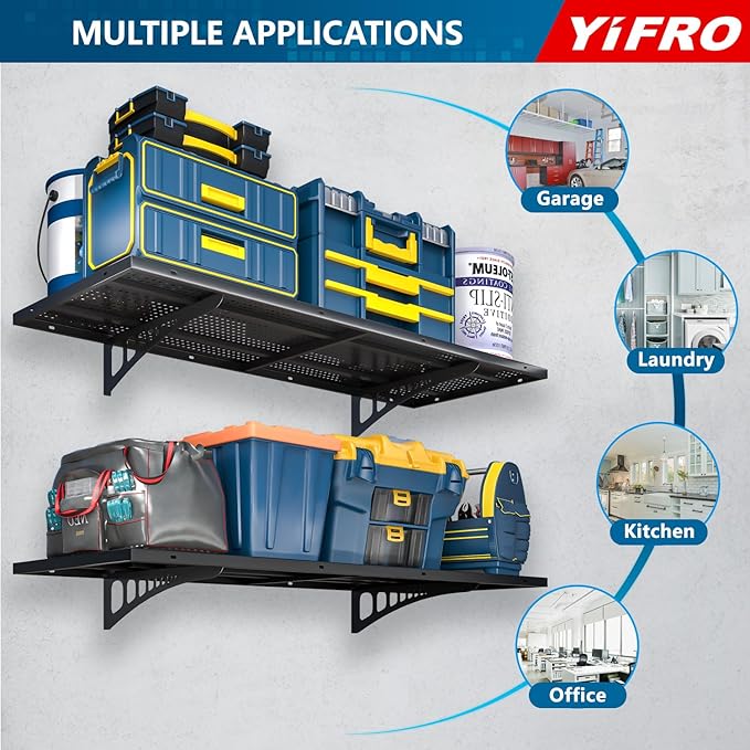 4-Pack 1.5x4ft Heavy Duty Garage Wall Shelving, 1000 lbs Load Capacity, Garage Shelving Wall Mounted, Garage Storage Rack with Hooks, Black-VerdiqueGarden