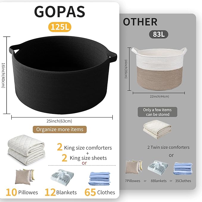 125L Extra Large Blanket Basket, 25" x 16", Jumbo Laundry Woven Baskets Decorative Home, Cotton Rope Basket with Handles, Baby Toy Baskets for Storage, Black, 2PC-VerdiqueGarden