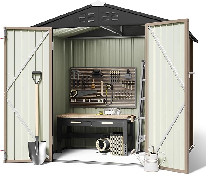Greesum Outdoor Storage Shed 6 x 4 ft. Utility Tool Shed Metal Storage Garden Shed with Door & Lock for Patio Storage, Brown-VerdiqueGarden