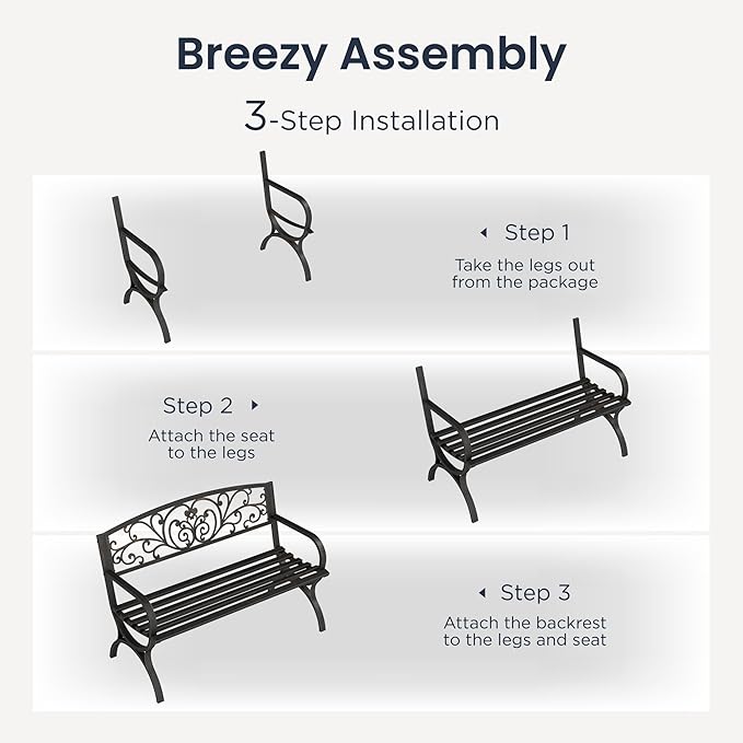 PHI VILLA 50Inch Cast Iron Steel Frame Garden Bench Patio Furniture Chair Outdoor Bench w/Floral Design Backrest, Slatted Seat for Park, Yard & Porch, Bronze-VerdiqueGarden