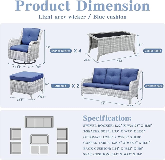 Wicker Patio Furniture Sets - 8 Piece Outdoor Rattan Furniture Conversation Sets with 4 Swivel Rocker Chairs, Rattan Sofa, Wicker Ottomans and Coffee Table, Light Grey/Blue-VerdiqueGarden