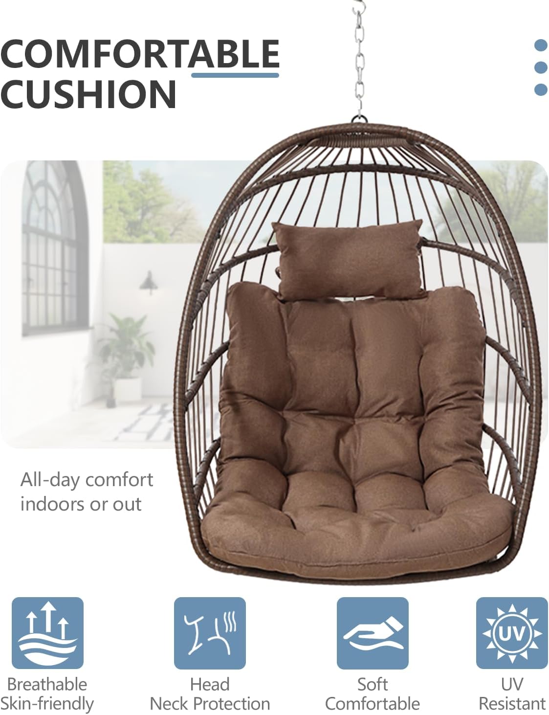 SWITTE Egg Chair Outdoor with Stand, Indoor Wicker Hanging Egg Swing Chair with Cushion, 350lbs Capacity for Patio, Bedroom, Garden - Brown-VerdiqueGarden