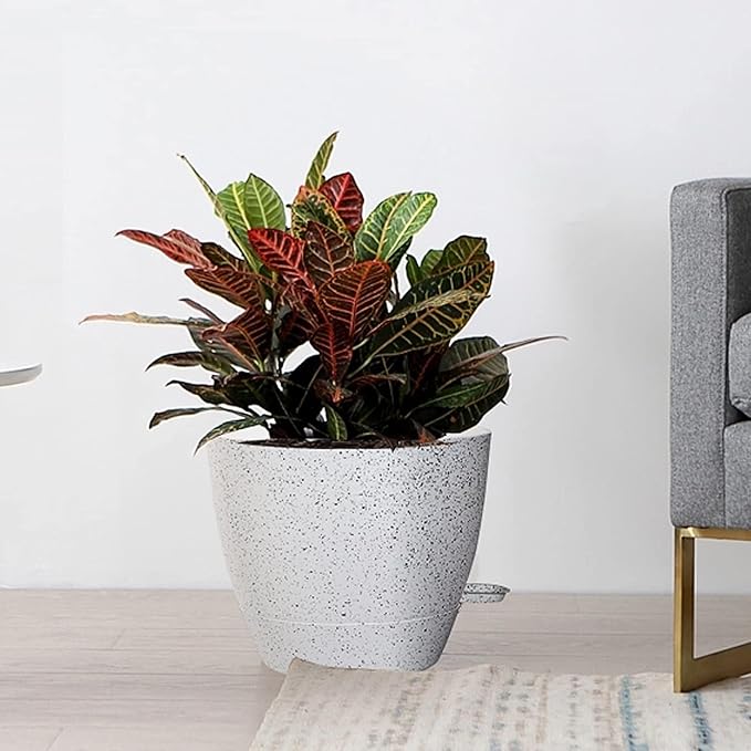 10/9/8 inch Self Watering Pots, Set of 3 Plastic Planters with Mesh Drainage Holes and Deep Reservoir for Indoor Outdoor Garden Plants and Flowers, White Speckles-VerdiqueGarden