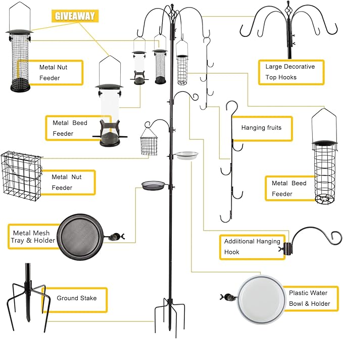 Bird Feeder Station with Suet Cage & Water Bowl Fruit Hook- Adjustable Pole, 6 Hanging Hooks for Wild Birds, Outdoor Garden Bird Feeding Kit-VerdiqueGarden