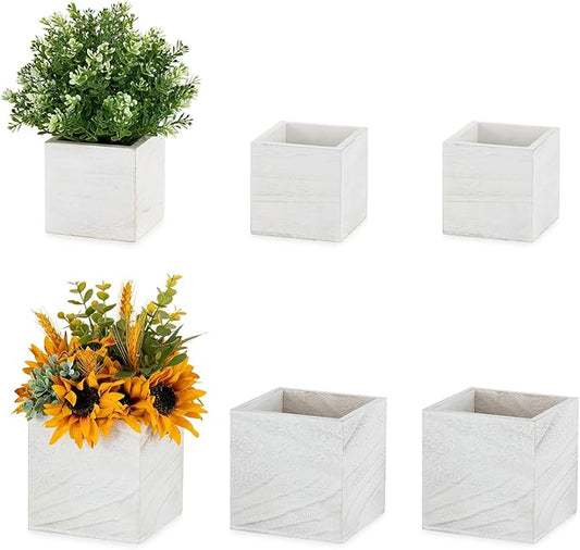 NUPTIO Wooden Box for Centerpiece Wedding: 6 Pcs Rustic Square Planter Box FarmhouseTable Fall Decor - 4×4" & 5×5" Whitewashed Small Wood Vases Flower Pots for Windowsill Home Garden-VerdiqueGarden