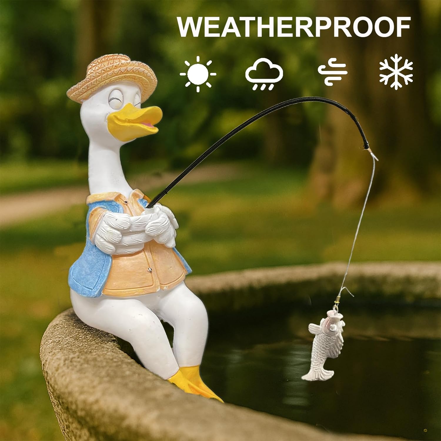 Duck Fishing Statue Garden Decor – 9.8" Weatherproof Resin Duck Fishing Sculpture Decor for Fish Ponds, Koi Ponds, Waterfalls, Poolside & Outdoor Gardens– Resin Figurine for Indoor & Outdoor Décor-VerdiqueGarden