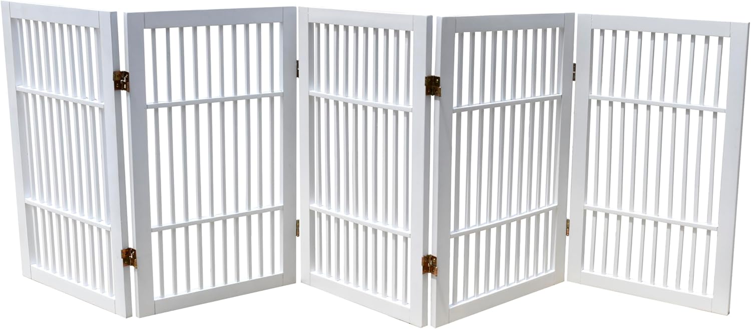 Pet Dog Gate Strong and Durable Freestanding Folding Acacia Hardwood Portable Wooden Fence Indoors or Outdoors by Urnporium (White Pet Gate, 5 Panel 30" Tall)-VerdiqueGarden