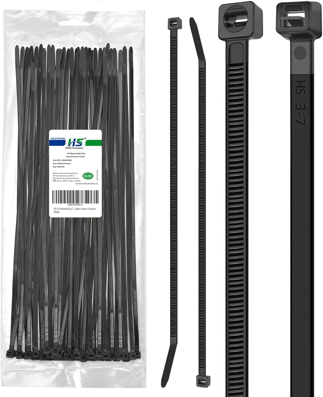 HS UV Protected Zip Ties 12 Inch (100 Pack) Self Locking Strong Plastic Wire Ties 12 Inch Black Nylon Cable Ties 50 LBS,Outdoor Indoor Purpose-VerdiqueGarden