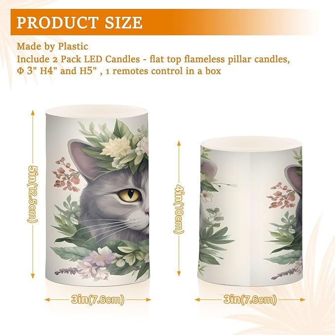 Flickering Flameless Candles, Cat Head Flowers LED Candles with Remote Timer, Set of 2 Battery Operated Candle for Valentine Wedding Birthday-VerdiqueGarden