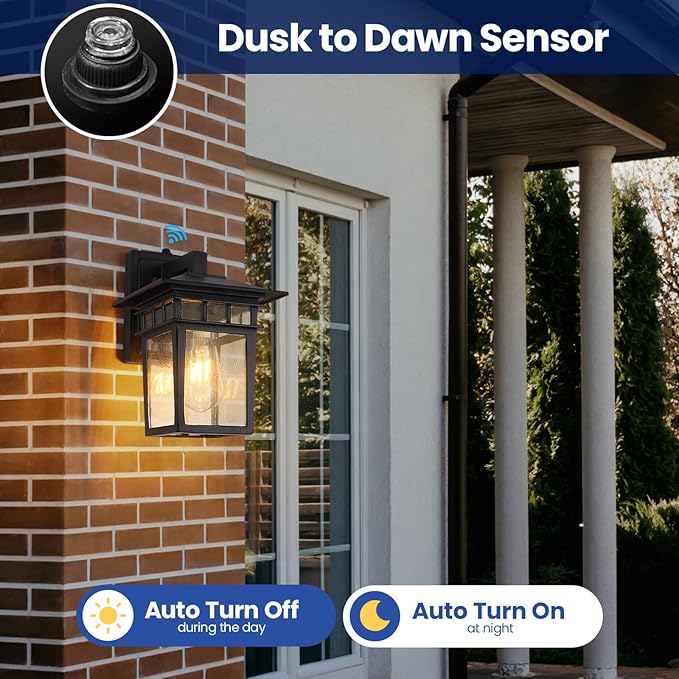 Outdoor Wall Lantern, Exterior Lighting Fixtures Wall Mount, 2 Pack Black Outdoor Sconce with Seeded Glass, Dusk to Dawn Exterior Porch/Patio Lights for House Front Door Garage-VerdiqueGarden