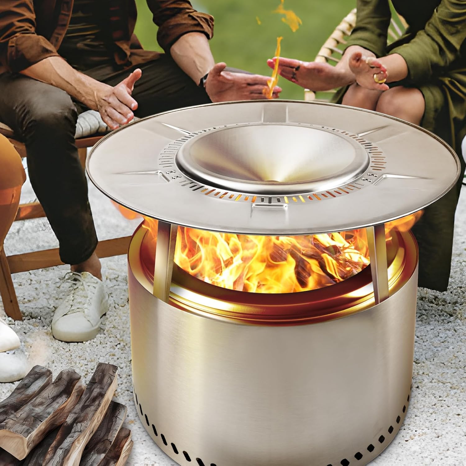 HGD 19.5" Smokeless Firepit with Heat Deflector, Stainless Steel Wood Burning Fire Pit for Friends & Family Gatherings, Secondary Combustion Outdoor Patio Stove for Garden BBQ & Bonfire-VerdiqueGarden