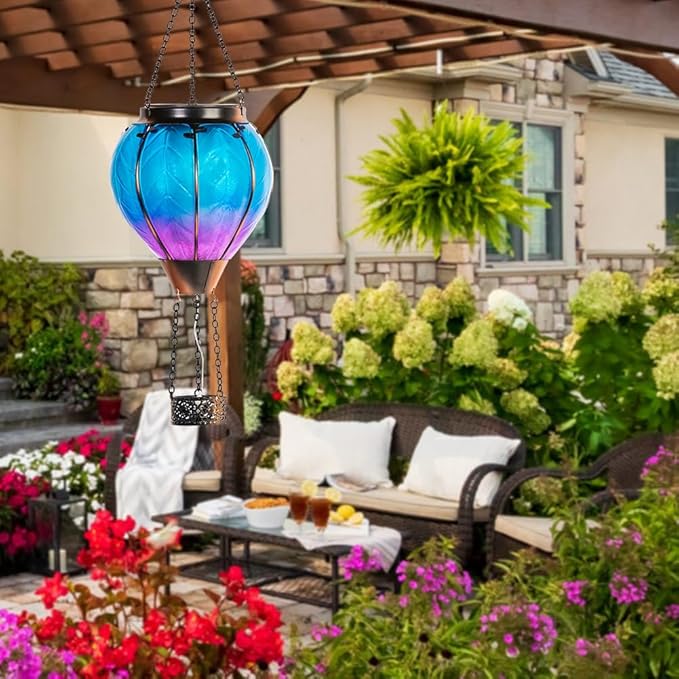 Starsoul 2 PC Blue Hot Air Balloon Solar Lantern with Flame Glass Hanging Outdoor Hot Air Balloon Solar Light Waterproof Garden Patio Yard Party Decorations-VerdiqueGarden