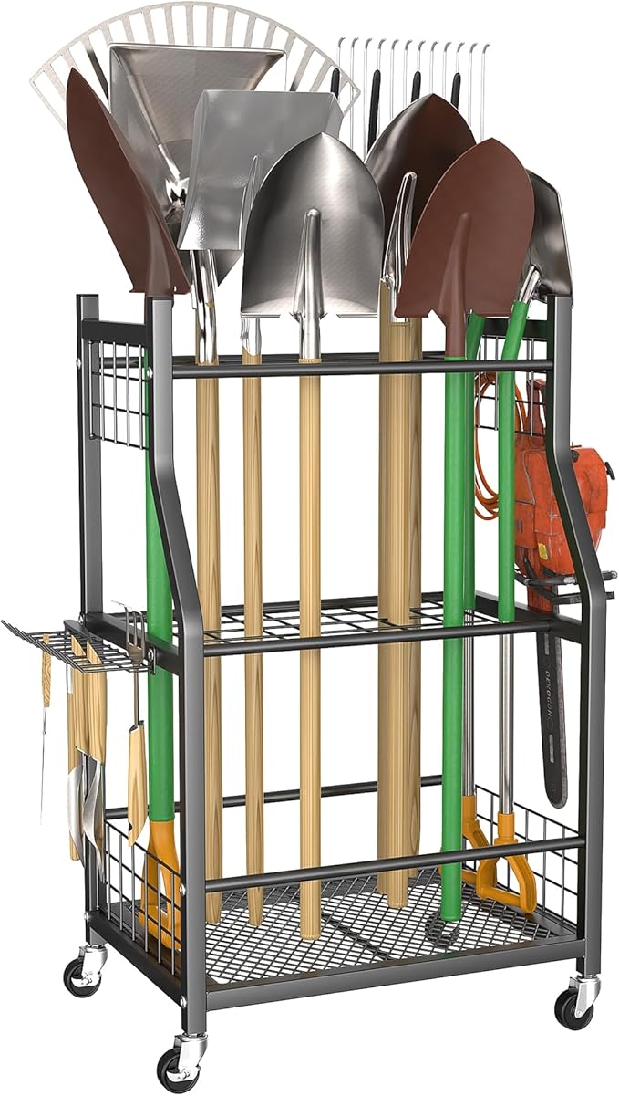WALMANN Garden Tool Organizer with Wheels for Garage, Rakes/Shovels/Yard Tools Storage Stand for Garden, Shed, Indoor/Outdoor Long-Handled Tools Rolling Cart-VerdiqueGarden