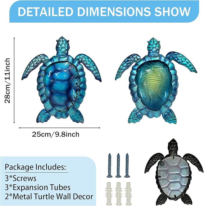 LIFFY Metal Turtle Wall Art Decor Ocean Wall Hanging Coastal Wall Sculptures Beach Theme Wall Decoration for Indoor Outdoor Bathroom Beach Garden Pool (10", 2 pcs)-VerdiqueGarden