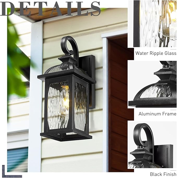 zeyu 15 Inch Outdoor Wall Lights Exterior, Outdoor Patio Light Fixture for Garden Porch, Die-Cast Aluminum with Water Ripple Glass, Black Finish, ZD100B BK-WP-VerdiqueGarden