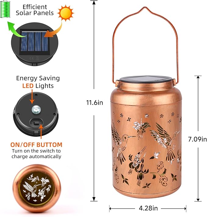 Hummingbird Solar Lanterns Outdoor Waterproof Hanging Solar Lights Metal Decor Lantern LED Light Christmas Decorative for Garden,Patio,Yard,Lawn,Backyard,Front,Porch as Holiday Gifts for Women Mom-VerdiqueGarden