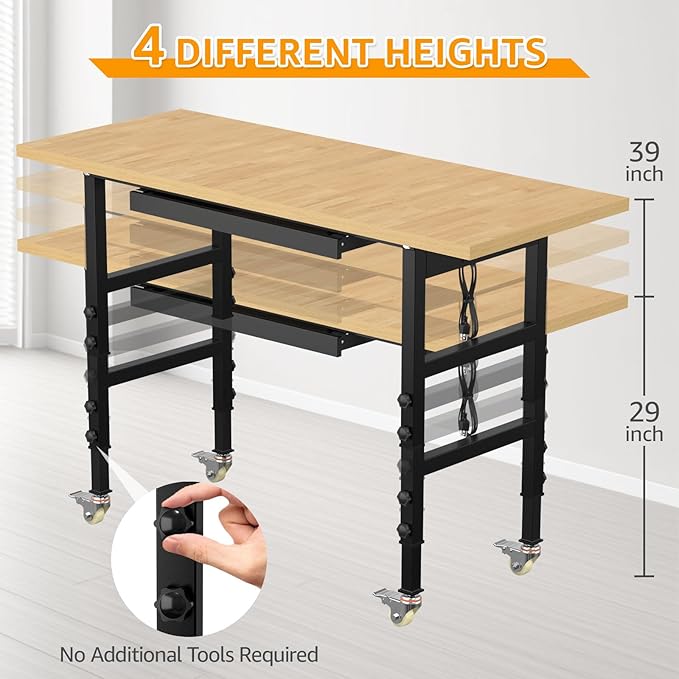 60" Adjustable Workbench,Heavy-Duty Work Table,3000 LBS Load Capacity Particleboard Hardwood Workstation Outlets with Power Strips, Drawers and Wheels,for Workshop, Garage-VerdiqueGarden