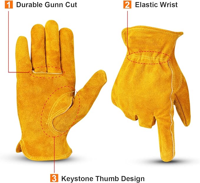 OZERO Leather Work Gloves Flex Grip Tough Cowhide Gardening Glove for Men and Women (Gold With Mesh Lining (1 Pair), X-Large)-VerdiqueGarden
