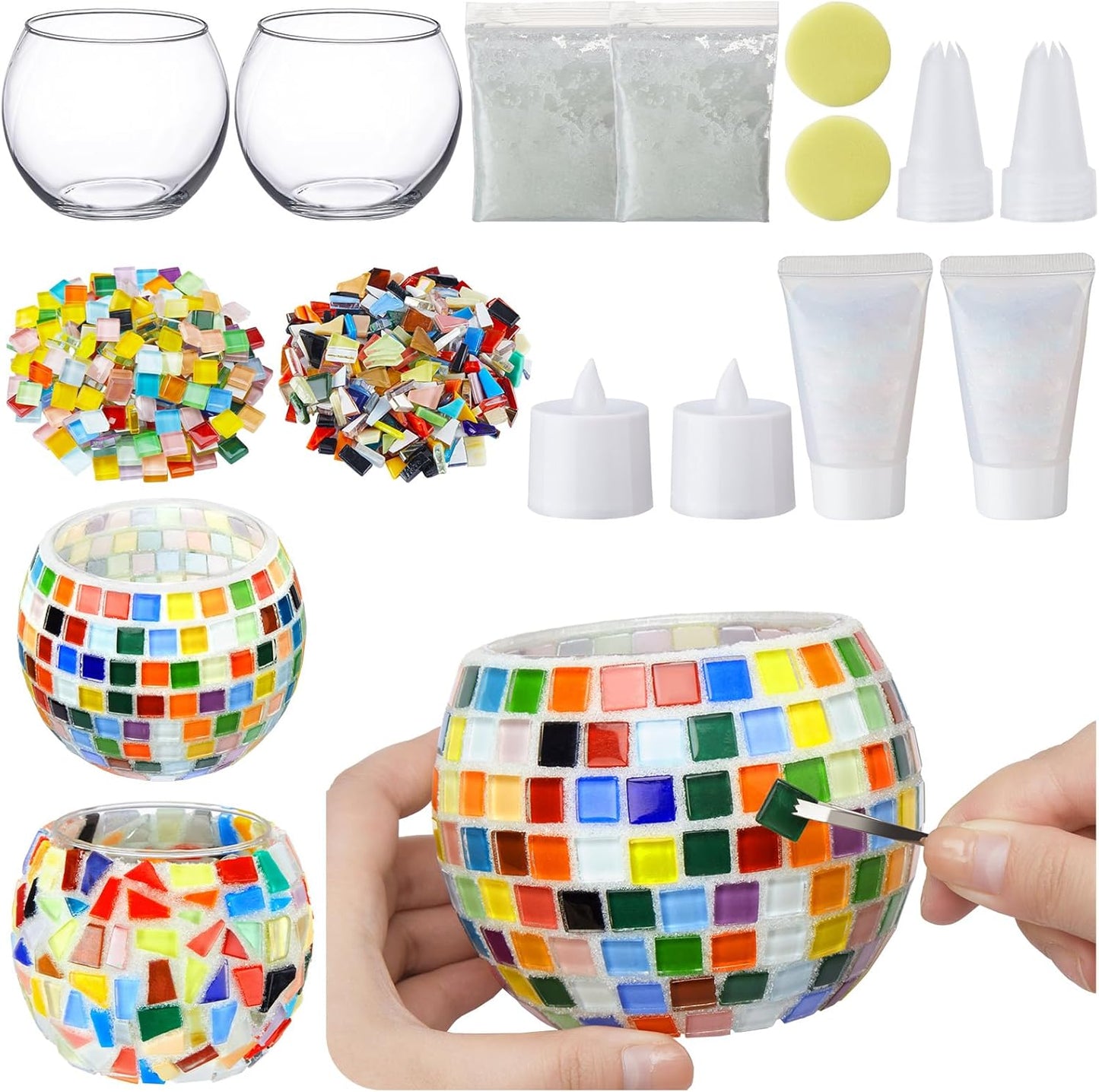 2 Set Glass Mosaic Candle Holder Kit Include Tea Light Holder, Glass Mosaic Tiles DIY Crafts Creativity Handmade Artwork for Adults Home Lighting Decor(Rainbow Theme)-VerdiqueGarden