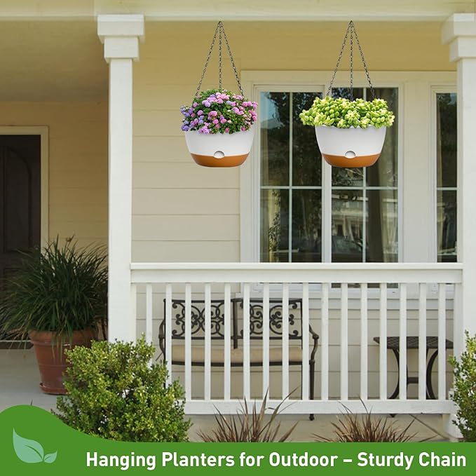 10 Inch Hanging Planters for Indoor & Outdoor Plants (2 Pack) - Self-Watering & Drainage Flower Pots with 2 Kinds of Plant Hangers for Home Decor & Garden (White, 10 in)-VerdiqueGarden