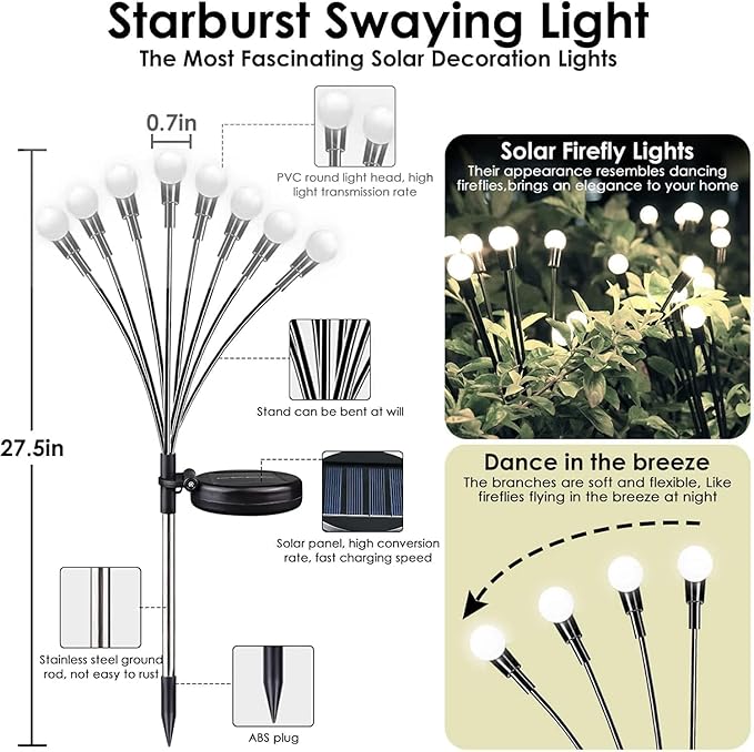 OZS 10pack 80LED Solar Garden Lights - Outdoor, Swaying Lights, Waterproof for Garden Pathway Decoration (Cool White)-VerdiqueGarden