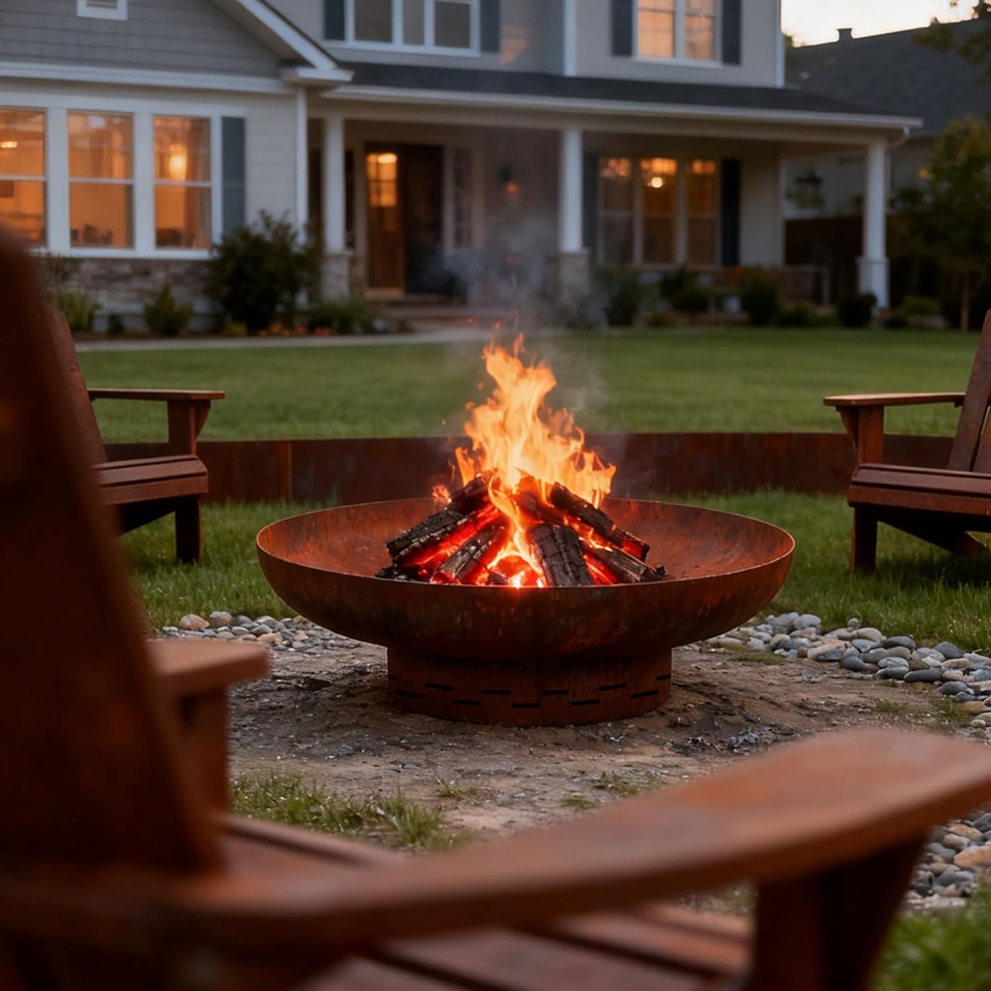 KOL 35" Dia. Heavy-Duty Fire Pit - Pre-Rusted Corten Steel Round Firepit Large Fire Bowl with Stand - Weathering Steel Wood Burning Fireplaces for Outside Backyard Deck Party Bonfire-VerdiqueGarden