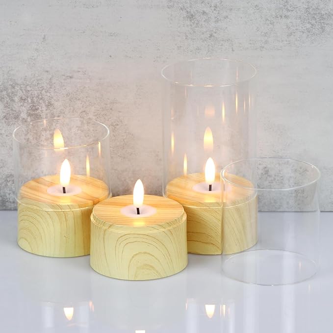 Battery Operated Candles with 6H Timer, 3 Pack Glass LED Flikcering Flameless Candles, Clear Pillar Candles with 3D Flame for Spring Wedding Home Bedroom Decor(Set of 3)-VerdiqueGarden