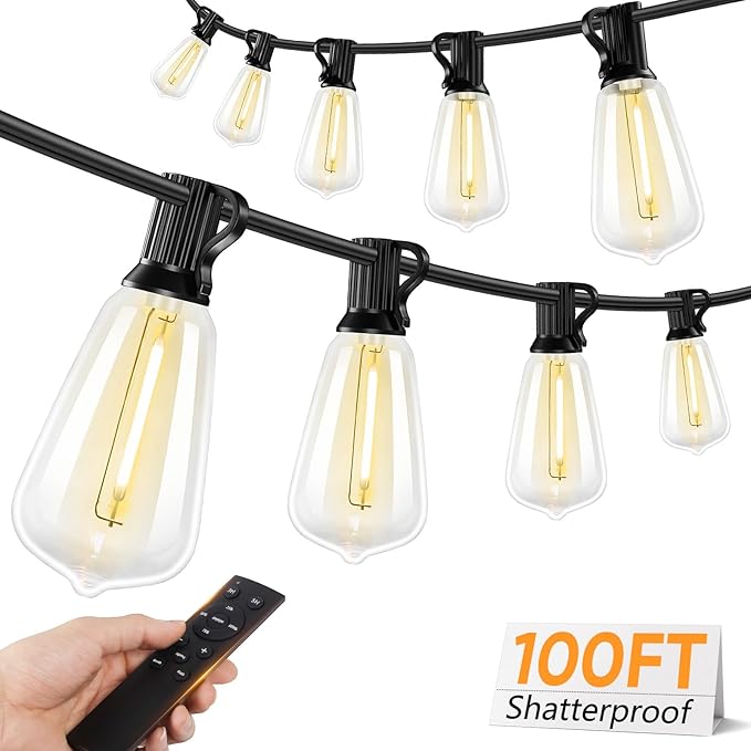 Brightever LED Outdoor String Lights with Remote, 100FT Commercial Grade Waterproof Outdoor Patio Lights, 30+2 ST38 Dimmable Edison Bulbs, 2700K Warm White Rope Light for Outside, Low Voltage 24V-VerdiqueGarden