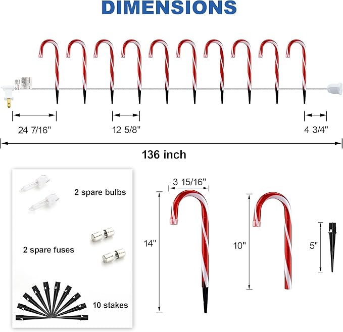 10" Christmas Candy Cane Lights - Set of 10 Pathway Markers Christmas Outdoor Yard Decorations, Xmas Candy Cane Stake Lights for Lawn, Walkway, Garden, Xmas Party Indoor Ornaments-VerdiqueGarden
