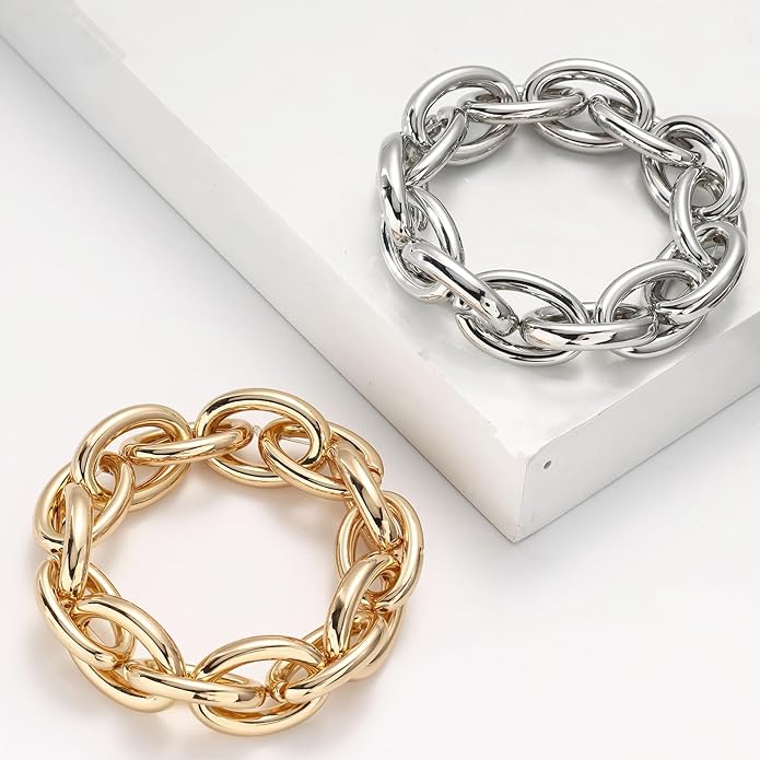 Chunky Gold Bracelet for Women Non Tarnish, Trendy Stretch Cuban Link Chain Plated Gold Bangle Bracelets