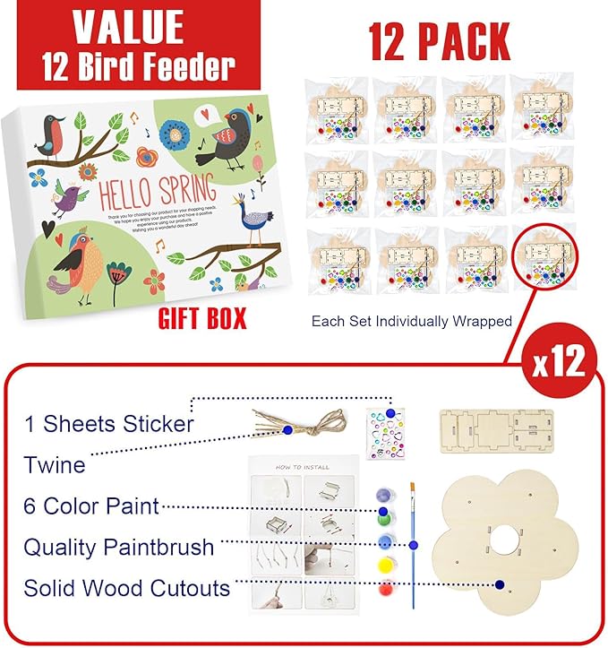 12 Pack Bird Feeder Craft Kits for Kids Ages 3-5 4-8 8-12, DIY Wooden Art Painting Outdoor Bulk Toys for Boys & Girls, Easter Christmas Gifts, Party Favor Gifts for Nature Loving Children-VerdiqueGarden